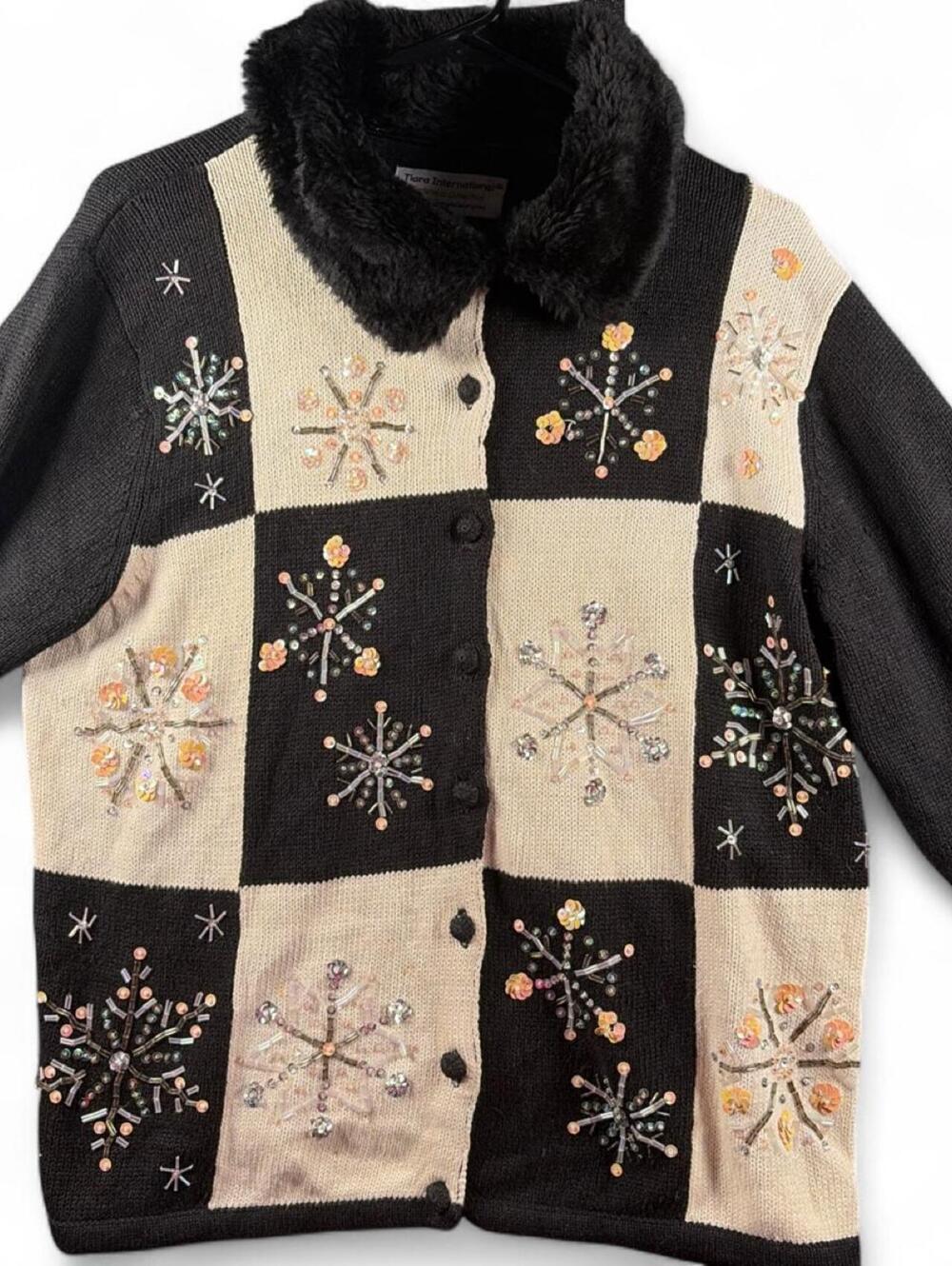 Tiara International Women's Black and White Embellished Christmas Cardigan withF